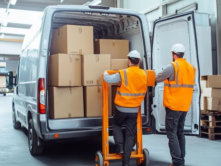 team-workers-use-hand-truck-loading-delivery-van-with-cardboard-boxes