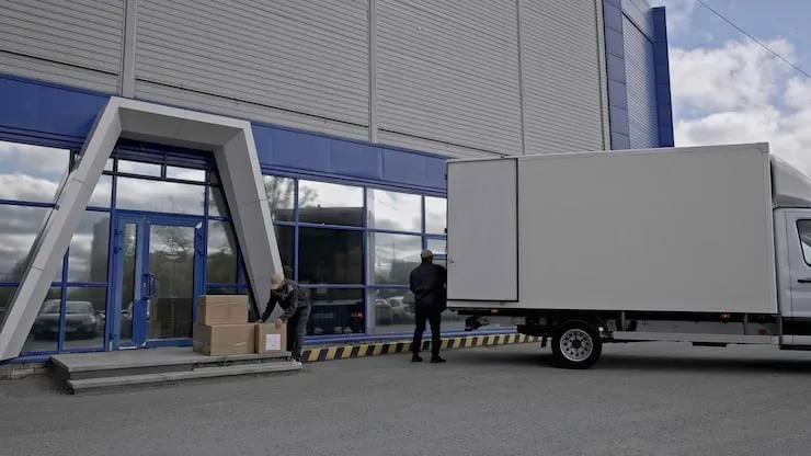 view-outside-logistics-retailer-warehouse-loading-goods-process-media-workers-putting-large-cardboard-boxes-into-delivery-truck