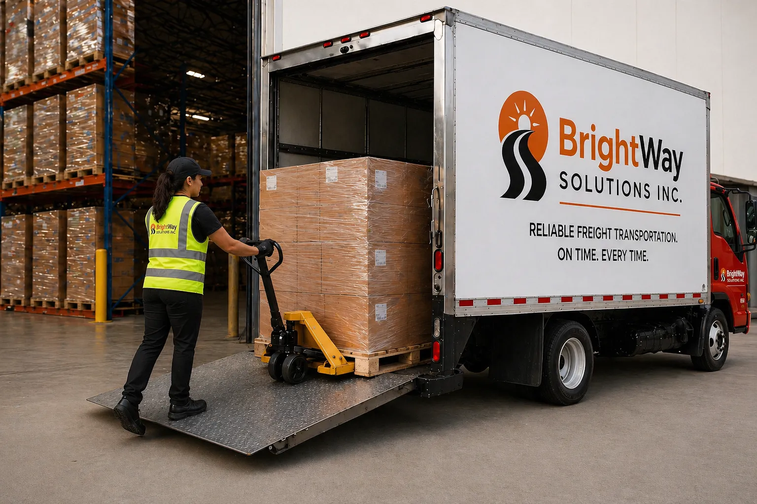 A logistics worker maneuvers a yellow pallet jack with a heavy load up the liftgate of a white BrightWay Solutions Inc. transport vehicle